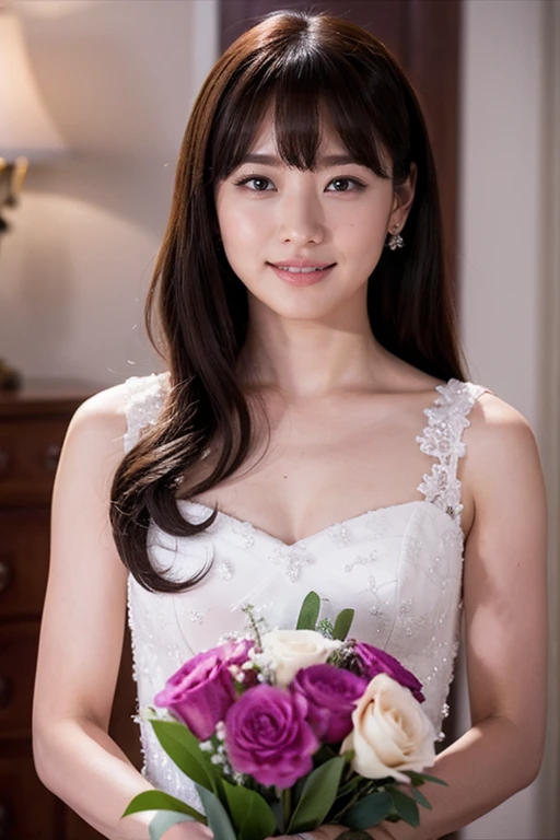 Medium display, Medium Shot, Written boundary depth, bust, Upper Body, Movie angle, masterpiece, highest quality, Very detailed, CG, 8k wallpaper, Beautiful Face, Delicate eyes, Otome, alone, smile, bangs, have,Purple Dress, bow, petal, bouquet