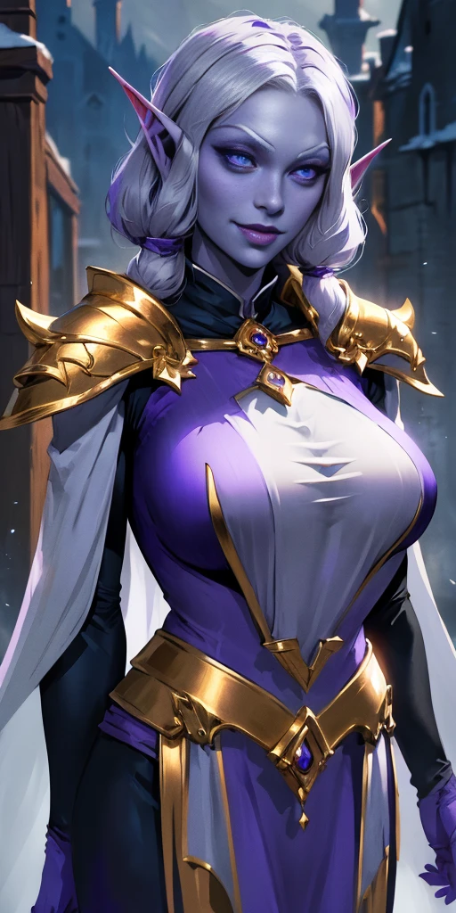 (Female drow elf chest covered very purple skin)(smile) pale golden hair and violet eyes. They prefer clothing of white and silver with cloaks of deep blue or purple, village background, huge knockers, ((very precise detailed)), ((high res)