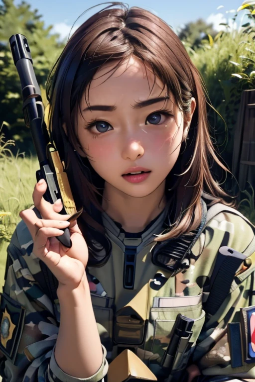 survival game、Camouflage、survival gameのフィールド、A beautiful girl is holding a rifle、head to waste、