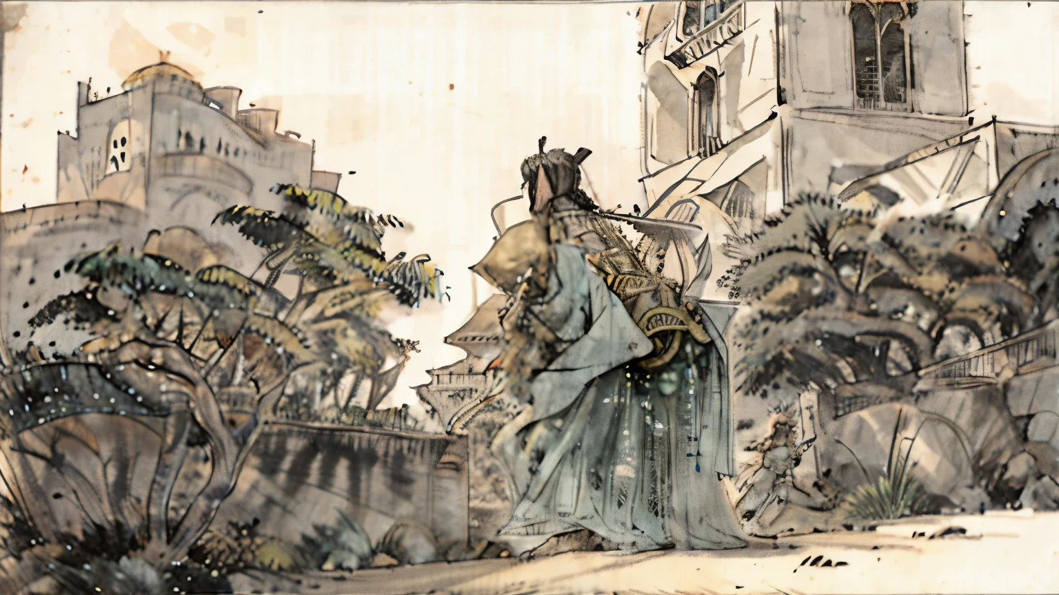 Game Tower Defense, ambiente deserto, with some palm trees and an oasis, poucas tendas e rochas, onde monstros humanoides com espada, axes march towards a village of residents and a tower defending the way