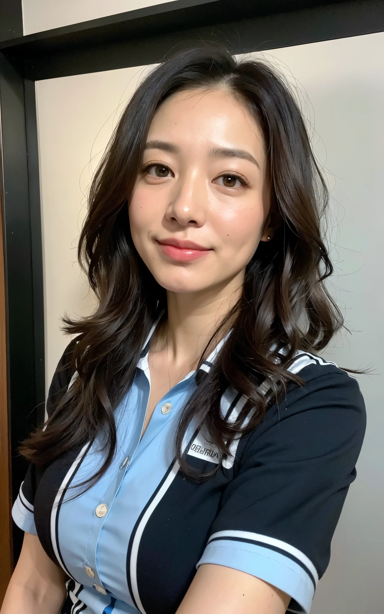 ((Best Quality, 8k, Masterpiece: 1.3)), Photorealistic, Sharp Focus, High Quality, High Definition, Portrait, Solo, Japan, Middle Aged Woman, Beauty, 43 years old, Plump, Wavy Hair, receptionist uniform, Wrinkles at the corners of the eyes:0.5, Narrow backyard, Lots of boxes, Lots of files, Dark background