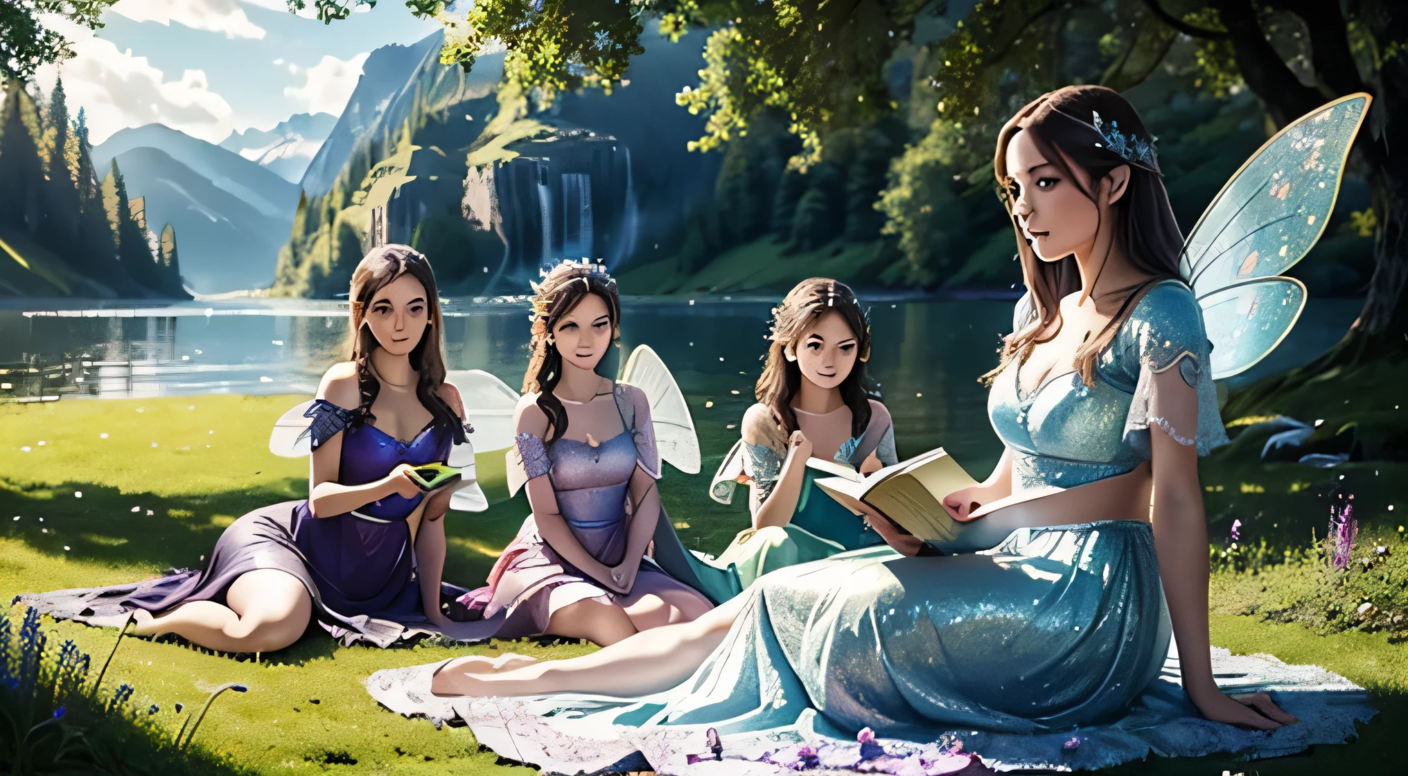 a group of fairies lying on grass near enchanted lake, picnicking on sunny day, reading books, watching nearby animals, (best quality,4k,8k,highres,masterpiece:1.2),ultra-detailed,(realistic,photorealistic,photo-realistic:1.37),highly detailed fairies, intricate fairy wings, beautiful detailed eyes,beautiful detailed lips,extremely detailed eyes and face,longeyelashes,fairy dresses, peaceful atmosphere, vibrant colors,natural lighting,fantasy landscape,idyllic scene