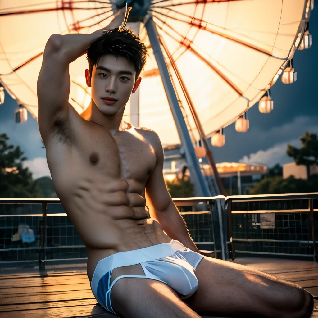Sitting, Very hairy armpits, hairy pubic, hairy crotch, wet sweaty body, Carousel, Ferris wheel, Full body photo, Very thin thong, Proudly showing off his sweaty very hairy armpits, completely naked just wearing white thong, Boy in the crowded amusement park, amazing amusement park scenery,  boy, very young boy, Cinematic soft lighting illuminates a stunningly detailed and ultra-realistic handsome korean male supermodel, ultra messy curly hair, clear honey eyes, captivating perfect smile, sensual, hot man, insanely handsome, showing off his sweaty body, very sixpack muscular body build, slender, toned, full body, 8k, photography, masterpiece, detailed face, detailed eyes, sexy, beautiful abdomen and beautiful legs and a detailed big hard penis, expression of ecstasy, excited, slim, detailed eyes and lips, sixpack and fit body. Image quality is of the highest standard, with ultra-detailed features and a realistic appearance. The colors are bright and vibrant, enhancing the overall aesthetic. The lighting is soft and natural, casting a soft glow on the boy, don't merge body's