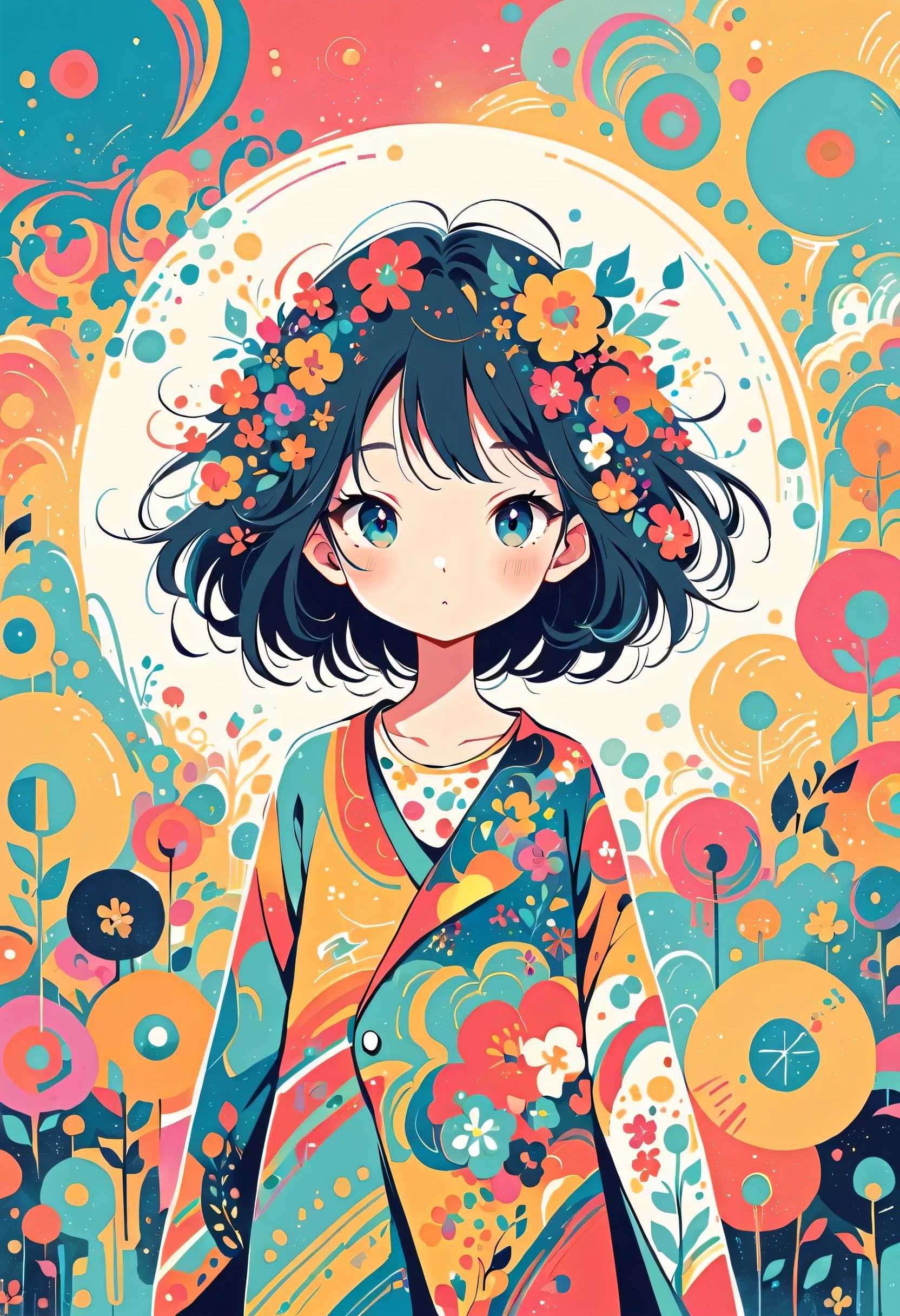 Watase Seizo style, Standing in front of a high wall,Simple Line Initialism,Abstract art,Urban Background, (((The most beautiful girl))), colorful flowers