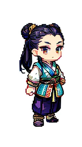 Man in ancient Chinese costume、Clever man、Looking into the camera、His hair is in a bun、Only one topknot、Long sleeve、Hanfu、Black Hair、Stand and pose、Pixel art、(masterpiece, highest quality, highest quality), pixel,pixel art,whole body,Characters in Romance of the Three Kingdoms、Transform、Short Deformation、White embroidery wrapped around the head