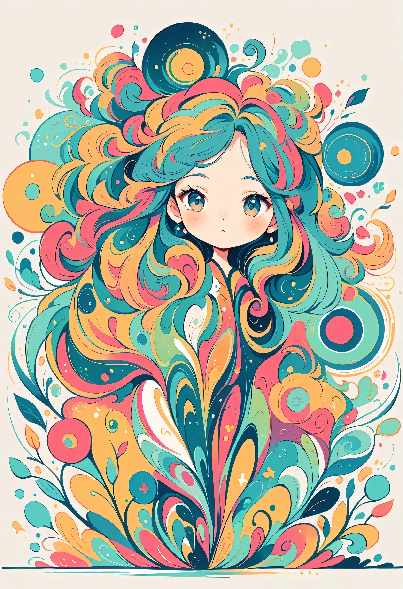 Watase Seizo style, Standing in front of a high wall，Simple Line Initialism，Abstract art，Urban Background, (((The most beautiful girl))),  colorful flowers