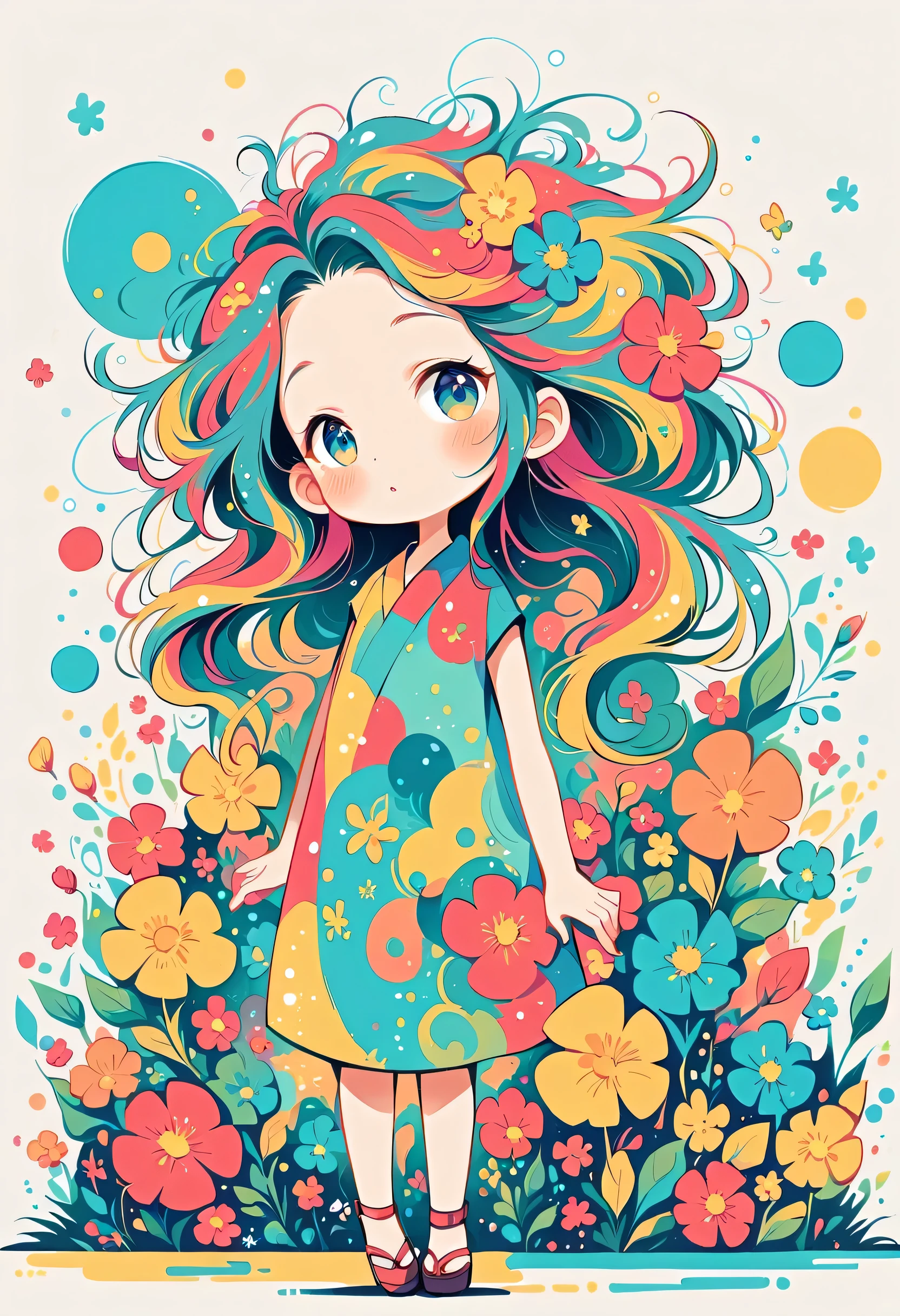 Watase Seizo style, Standing in front of a high wall,Simple Line Initialism,Abstract art,Urban Background, (((The most beautiful girl))), colorful flowers