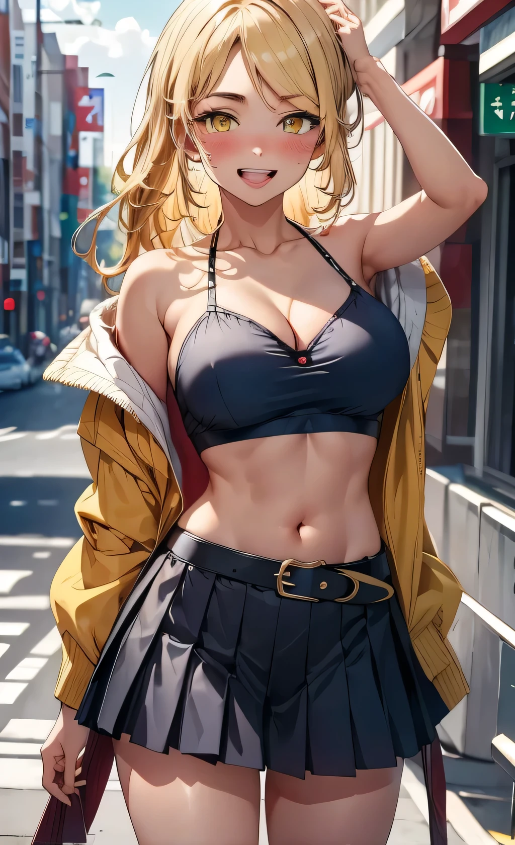 masterpiece, best quality, highres, lucy heartfilia, blonde hair, long hair, large breasts, jacket, crop top, bare shoulder, show stomach, belt, pleated skirt, cowboy shot, standing, looking at viewer, city road, outdoor, modern city road, blush , show teeth, stocking, aaemma sano , Tokyo revengers, aaemma, long hair, blonde hair, yellow eyes