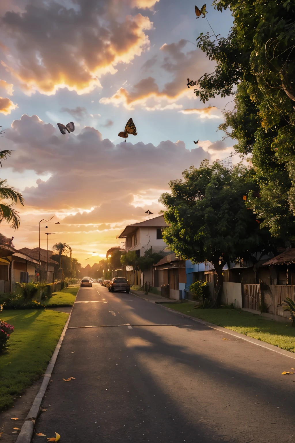 (Masterpiece: 1.3), Pixar-esque Animation, (Thousands of butterflies), Flying in a Street, Picturesque Colombian Town, Vibrant Colors, Tropical Architecture, Colorful Buildings, Flowering Trees, Sunlit Scenery, (Wide-angle shot), Soft Shadows, Depths of Field, Realistic Textures, (Butterflies: 1.2), Detailed Wings and Bodies, Natural Movement, (Fluttering Wings), Harmonious Composition, (Storybook Atmosphere), (Sunset Lighting: 1.4), HDR, (Pix