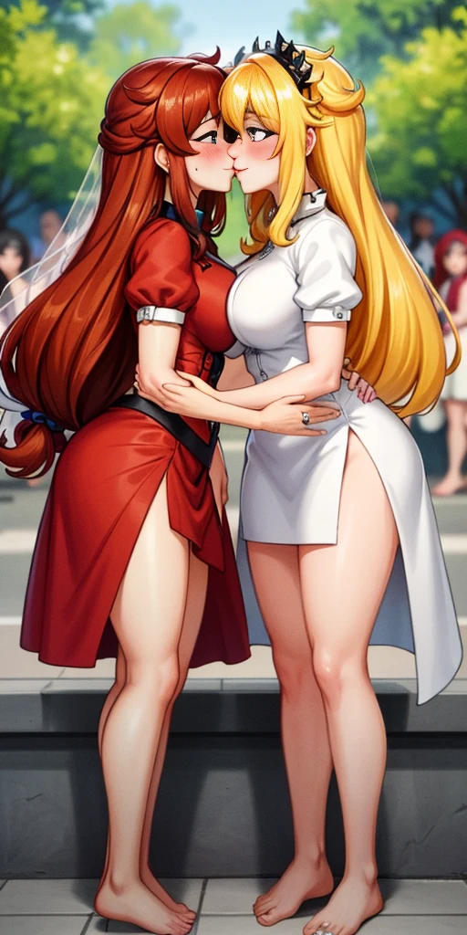 Body position: Standing, straight, symmetrical, barefoot, Lustful smile on face with red blush, 2 girls who gets married and stands in front of many people, kissing