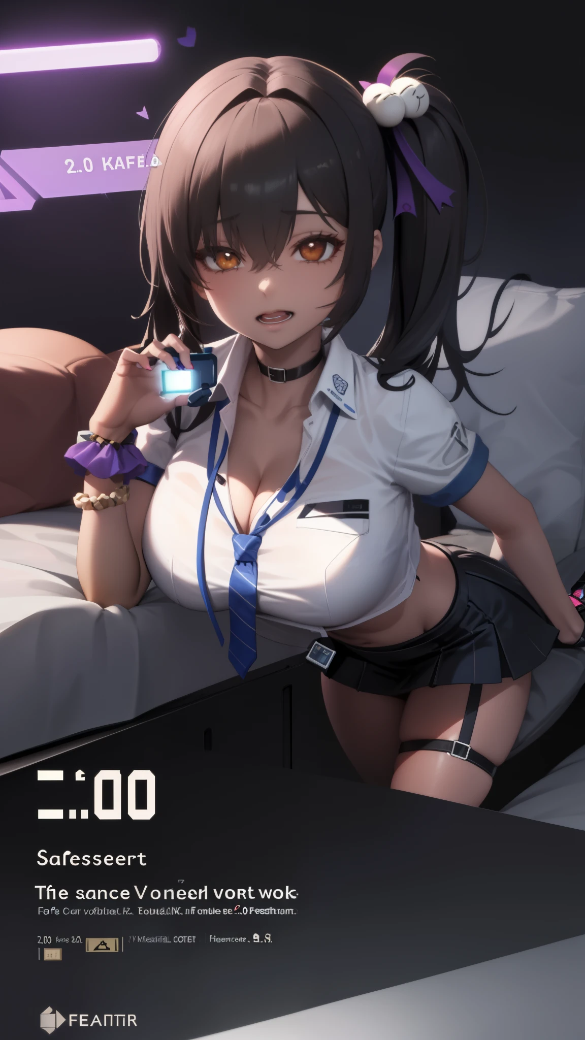 (Safety Sensor、approved、Safe for Work、No viewing warning、Can be viewed:1.8),masterpiece、highest quality、highest quality、Accurate the human body、Lighting to suit the mood、Accurate、Elaborate、masterpiece、Every detail of the face、Jero-tailed tit, Dark Skin, Woman with dark skin, Side Ponytail, hair ornaments, Hair Clip, White shirt, Bra visible through clothes, Chest pocket, Black choker, Blue tie, Purple scrunchie, bracelet,Latex Blue Pleated Skirt, Thigh straps, Simple Background, whole body, Detailed Background, Leaning forward, alone,Big cleavage、( Big Breasts、Pupil is heart:1.3、Heart Contact Lenses Heart Eye:1.5, Glowing oil skin:1.5, vapor)、(Dim lighting:1.5, night:1.5, Love hotels in Japan :1.5、Lie down in bed)、((Many words:2.0、Many heartfelt voices:2.0))、The beauty of the eight-headed、Mature Girls、Emotional :1.3、On the bed、sound、sound、Absolutely safe、Small face、Beautiful Girlfriend