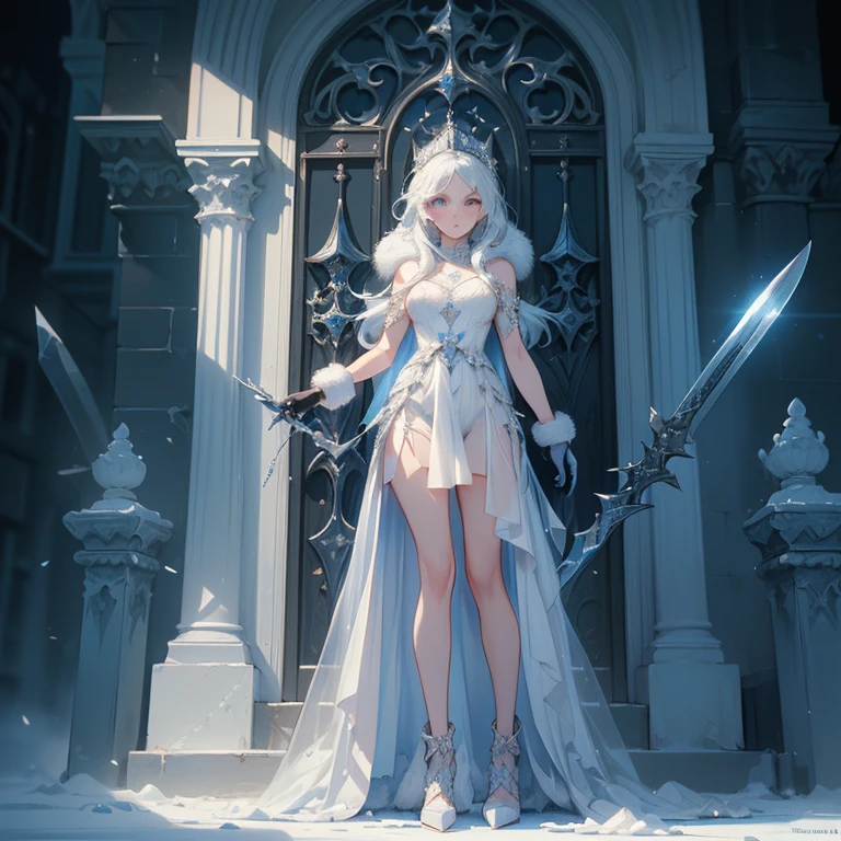 Design a layout showcase Gaming character, (1girl). Blue+White clothes, icy and pristine, ((showcase weapon:1.4)), ice staff, (masterpiece:1.2), (best quality), 4k, ultra-detailed, (Step by step design, layout art:1.5), (frosty lighting, chilling atmosphere), ice mage, ((fur gloves)), (((revealing gown:1.3))), ice vambraces, fur-trimmed boots, (((full_body_shot:1.4)))