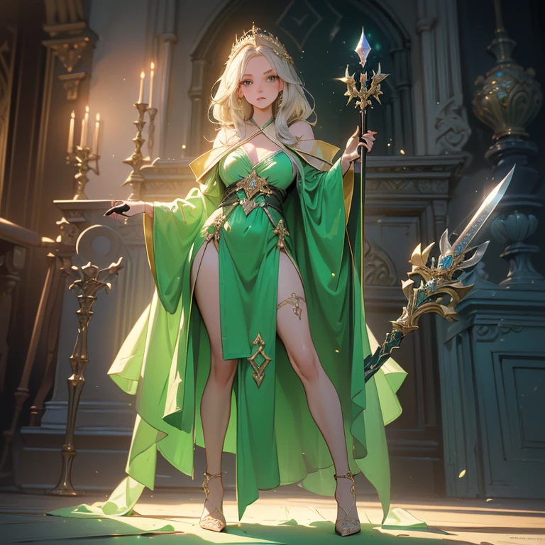 Design a layout showcase Gaming character, (1girl). Gold+Green clothes, royal and mystical, ((showcase weapon:1.4)), scepter, (masterpiece:1.2), (best quality), 4k, ultra-detailed, (Step by step design, layout art:1.5), (magical lighting, enchanted ambiance), queen, ((silk gloves)), (((revealing robes:1.3))), jeweled vambraces, high heels, (((full_body_shot:1.4)))
