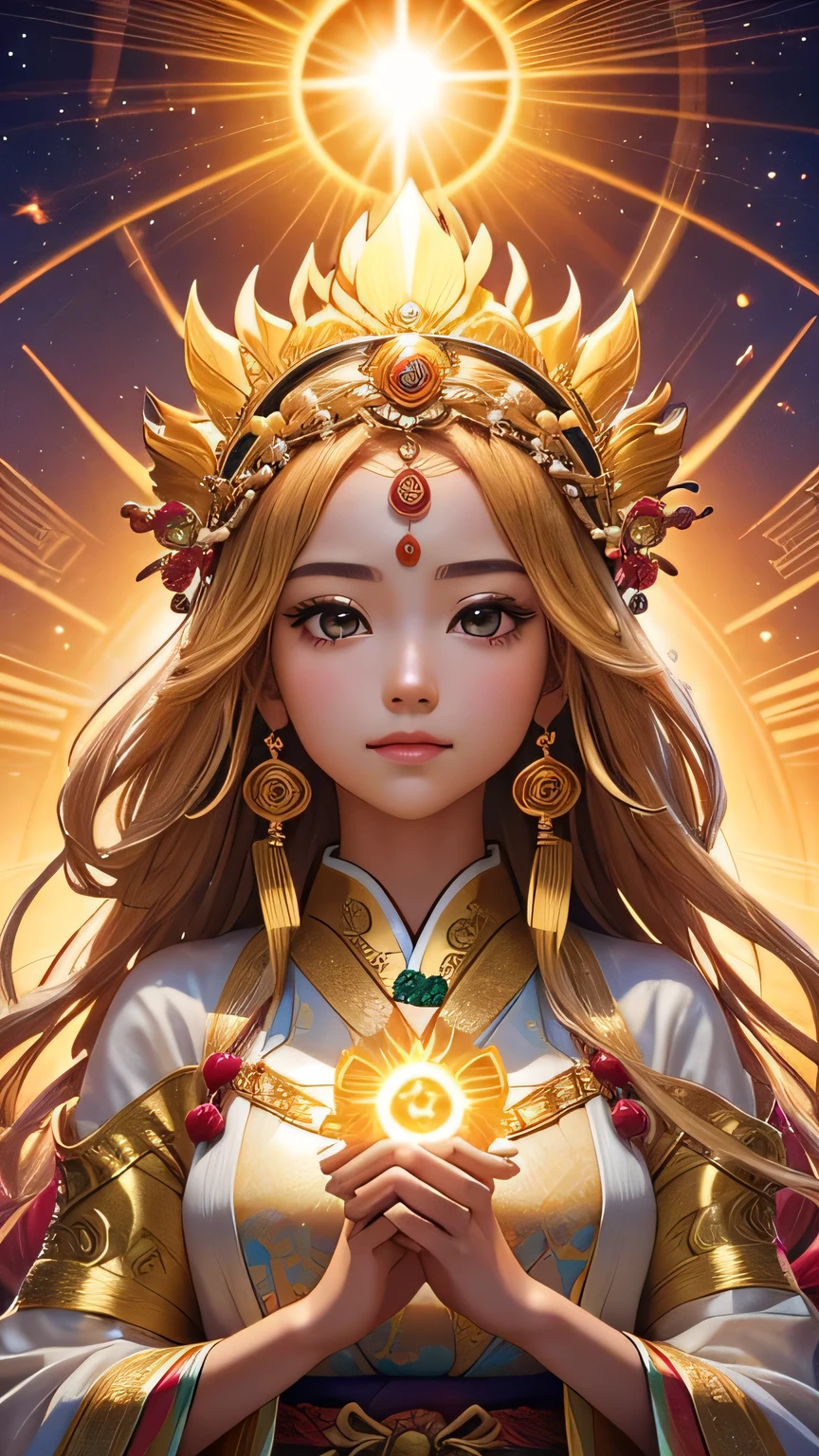 "Child of the Sun, Goddess of Love": Within a sacred sanctuary bathed in sunlight, depict the figure of a sun goddess who governs love, facing forward and emanating divine radiance. She is a , around 3 years old. Zoom in to focus on her face, with a gleaming orb of light in her hands, representing the life-giving power of the sun. Her hair is shimmering gold, and she is wearing a traditional miko outfit as seen in Japanese shrines. The background should be predominantly gold, evoking a sense of divine splendor, with numerous heart-themed objects expressing the beauty of love. The setting is in heaven, enveloped in soft, bright light, where one can find tranquility and peace of mind, free from any trace of anxiety.