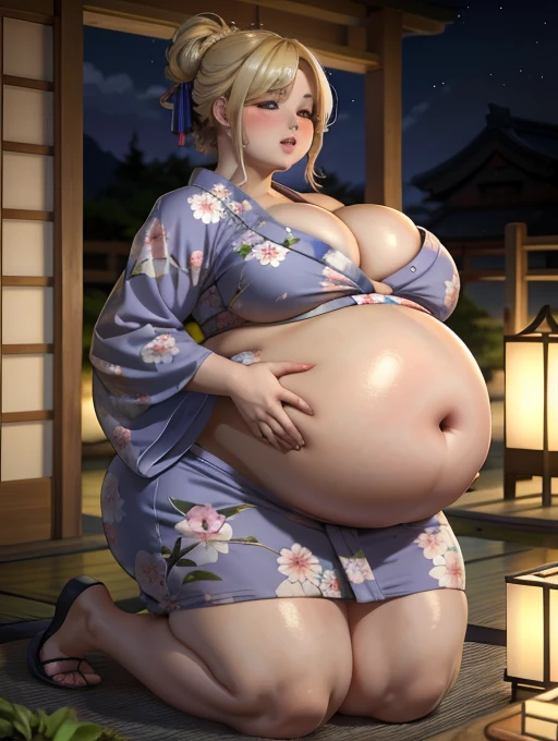 Beautiful drunk blonde woman, updo hair, (yukata), outdoor Japanese garden, bbw, morbidly obese, ((pregnant belly)), weight gain, (high quality lighting), drinking sake, on her knees, blushing 