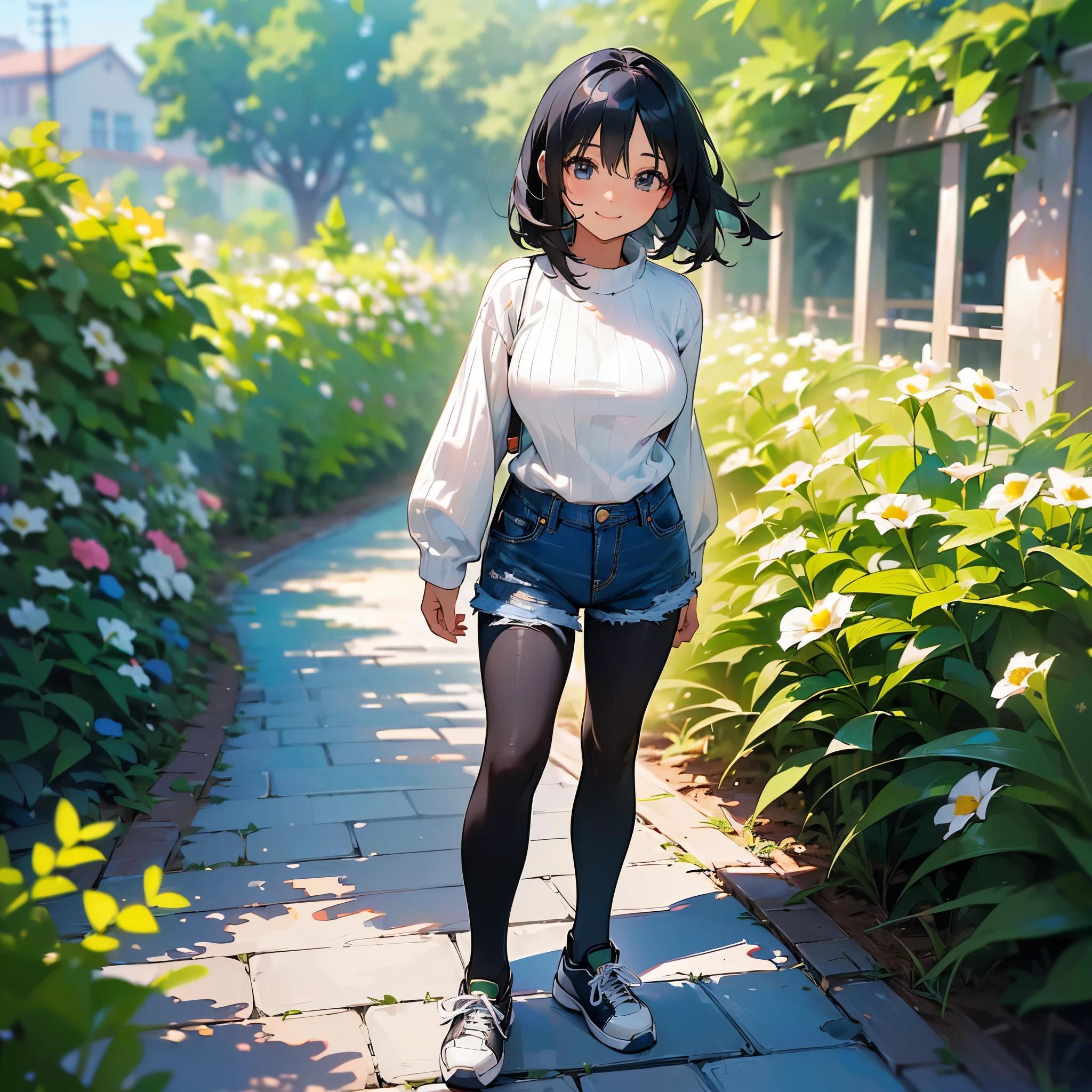(high quality, High resolution, Very detailed, reality:1.37), Peaceful atmosphere, (Outdoor, garden), age girl standing alone, (my breasts are big.), Beautiful details, Cute Smile, (Black bob hair), Ribbed sweater, Denim shorts, Black tights, sneakers.