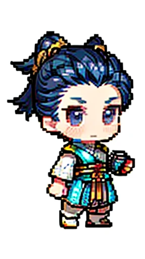 Man in ancient Chinese armor、Clever man、Looking into the camera、His hair is in a bun、Only one topknot、Long sleeve、Hanfu、Black Hair、Stand and pose、Pixel art、(masterpiece, highest quality, highest quality), pixel,pixel art,whole body,Characters in Romance of the Three Kingdoms、Transform、Short Deformation、White embroidery wrapped around the head