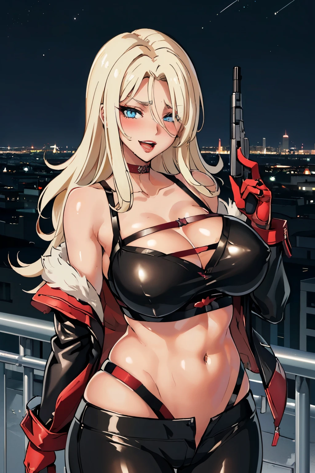  1girl, (sexy, beautiful woman, perfect face, perfect eyes, perfect female body, big breasts:1.5), (KurumiSSakazaki, long hair, blonde hair,  gloves,  red choker,  hair over one eye, blush, lipstick, fur trim, mature female, gloves, fur-trimmed coat,  outdoors, rooftop, cityscape, building, railing, night, night sky, scenery,  city lights, blush, lipstick, masterpiece, best quality, highly detailed, a girls with a gun, evil smile , open mouth, sexy gaze, badass pose , evil smile, smile, guns blazing, anime girl with long hair, beautiful long haired girl, navel, evil expression, exposed belly, exposed navel, exposed midriff, exposed lower belly, long black pants, crop top, cleavage, unbuttoned leather pants ,open fly, low rise black leather pants, leather jacket, holding a gun,