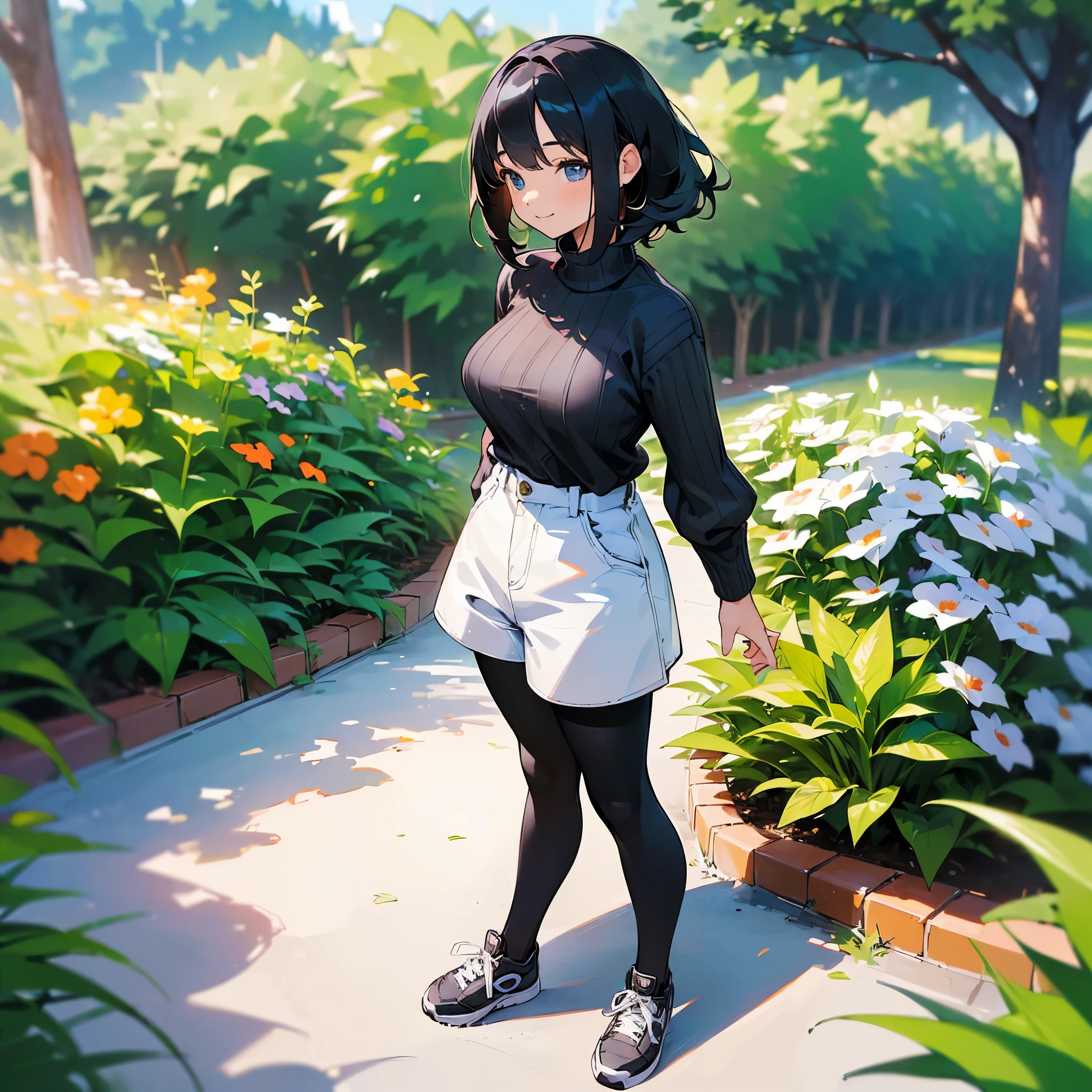 (high quality, High resolution, Very detailed, reality:1.37), Peaceful atmosphere, (Outdoor, garden), Teenage girl standing alone, (my breasts are big.), Beautiful details, Cute Smile, (Black bob hair), Ribbed sweater, Denim shorts, Black tights, sneakers.