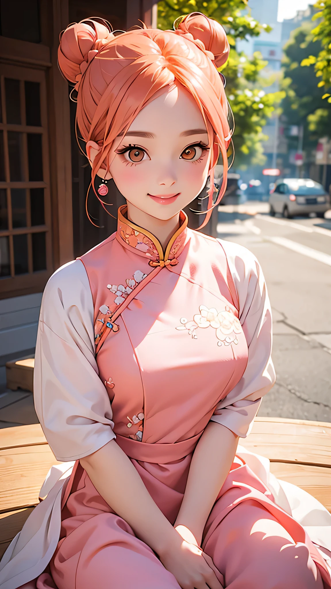 highest quality、Realistic、Women、zoom、cute、Orange Eyes、Pink hair、Bun Hair、China dress、smile、Looking down、smile、Bust Shot、　