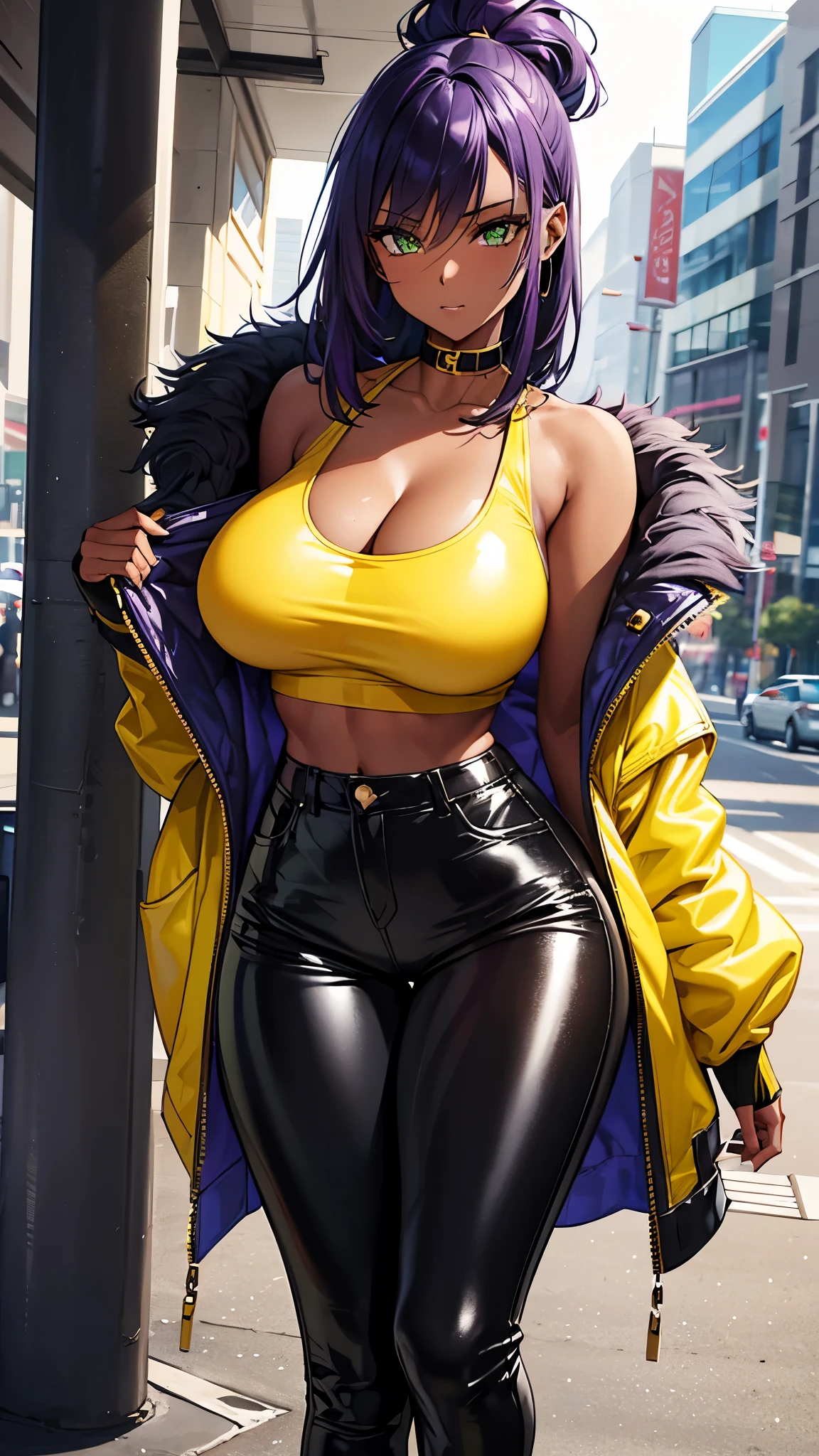 Only a black girl, dark skin. purple hair.  Green eyes.  Slender, athletic and elegant build.  Yellow tank top, black latex pants, a denim jacket.  She completed her outfit with yellow sneakers.amazing stunningly beautiful, most beautiful women ever. Big boobs, nsfw, big ass