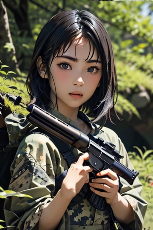 survival game、Camouflage、survival gameのフィールド、A beautiful girl is holding a rifle、head to waste、