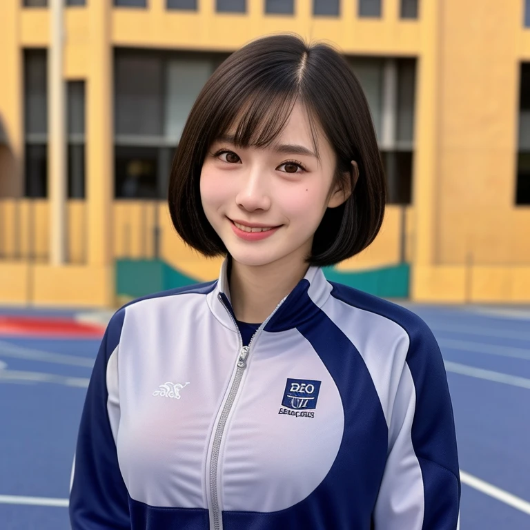 (kawaii 24 year-old Japanese girl, Nogizaka idol, Korean idol, track and field player), healthy female athlete body, glossy black hair, (very short hair, bangs:1.2), beautiful black eyes, rounded face, single eyelid, (no makeup:1.2), (big laughing), (track jacket:1.3), sports leggins, extra small breasts, BREAK, (track and field stadium background, summer, sunny day:1.2), (dynamic angle, bust shot:1.2), BREAK, (masterpiece, best quality, photo realistic, official art:1.4), (UHD, 8K quality wallpaper, high resolution, raw photo, golden ratio:1.3), (shiny skin), professional lighting, physically based rendering, award winning, (highly detailed skin texture, extremely detailed face and eyes textures), Carl Zeiss 300 mm F/2.8, depth of field, (1girl, solo),