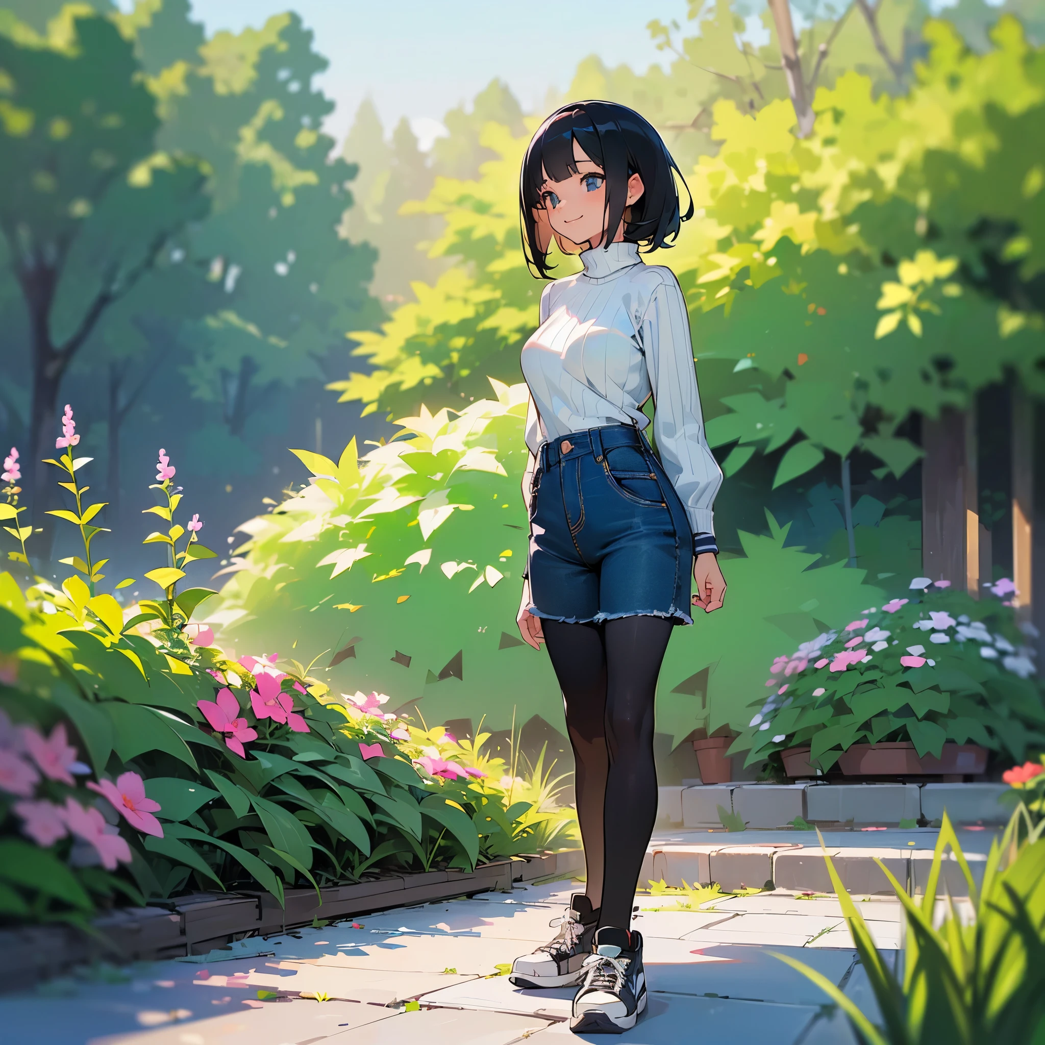 (high quality, High resolution, Very detailed, reality:1.37), Peaceful atmosphere, (Outdoor, garden), Teenage girl standing alone, (my breasts are big.), Beautiful details, Cute Smile, (Black bob hair), Ribbed sweater, Denim shorts, Black tights, sneakers.