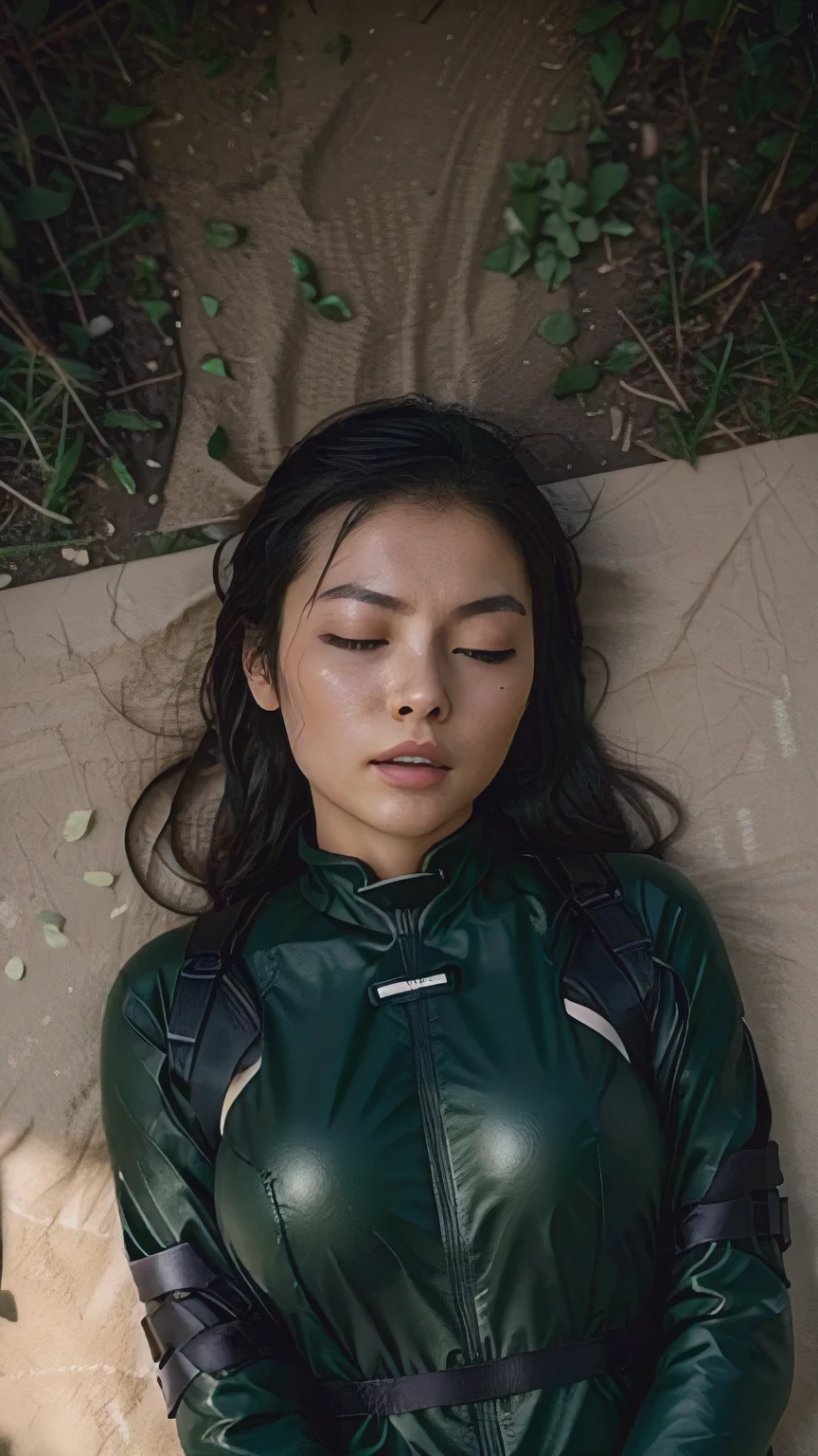 Romantic. a beauty chinese woman, furrowed eyebrows, closing eyes, open mouth, wearing black full equipment special army suit. ((((Lie on your back on the ground, Close ~ eyes,defeat)))),Wet shot 1.2. in the dark green dense forest