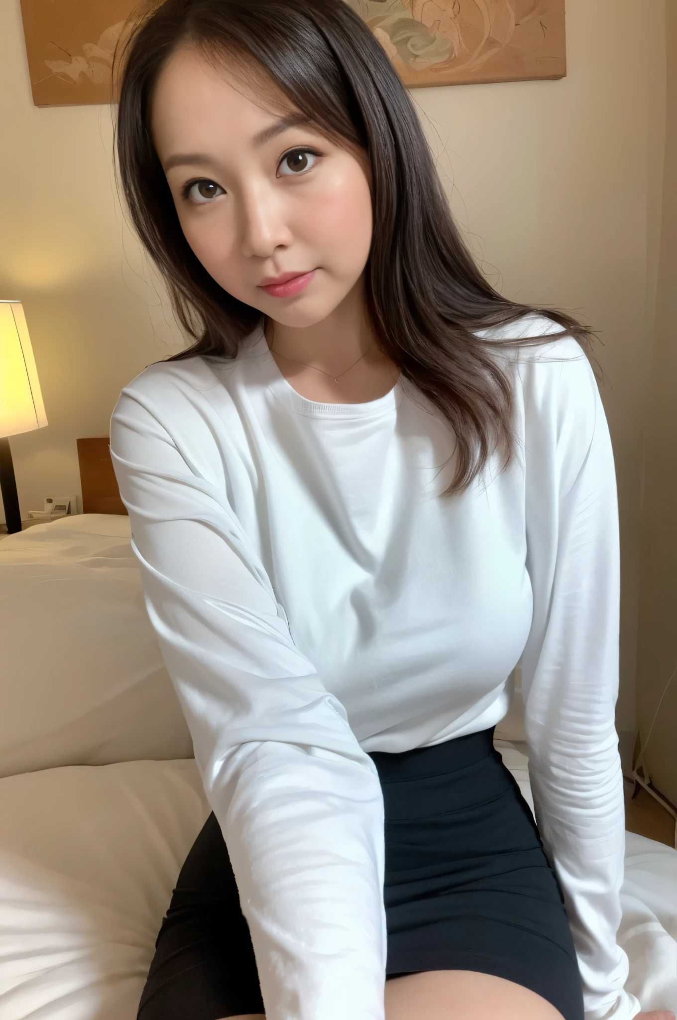 ((masterpiece, Better Quality, hight resolution, Photorealsitic:1.4, Raw photography, high quality image)), ((portrait:1.2)), 1Milf sitting on bedside, (wearing sweaty white short callored shirts, wearing black pencil skirt, black stocking), curvy shape:0.5, very detailed and professional lighting, (cute facial expressions),