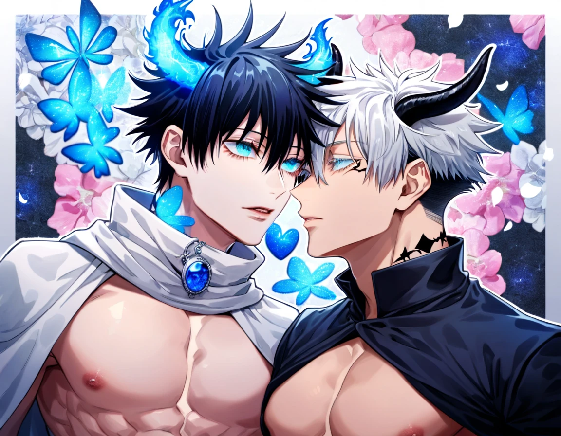 Ultra detailed, HDR, Highres, absurdres, master piece, Gojo Satoru, white hair with bangs, expressive blue eyes, white eyelashes, hair between the eyes, Fushiguro Megumi, black hair, expressive blue eyes, Jujutsu Kaisen, blue glittering butterflies, petals, fantasy, blue flowers, two sexy man together, gay couple, yaoi, extremely detailed face and eyes, handsome, glittering, bare chest, white cape, white demon clothes, tattoo on his neck, blue gemstone background, blue flames, cross, white gloves, radiant, black demon horns, love,