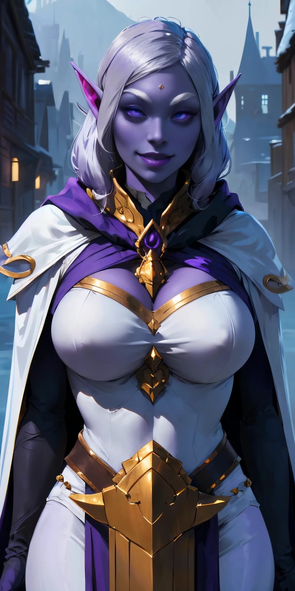 (Female drow elf chest covered very purple skin)(smile) pale golden hair and violet eyes. They prefer clothing of white and silver with cloaks of deep blue or purple, village background, huge knockers, ((very precise detailed)), ((high res)