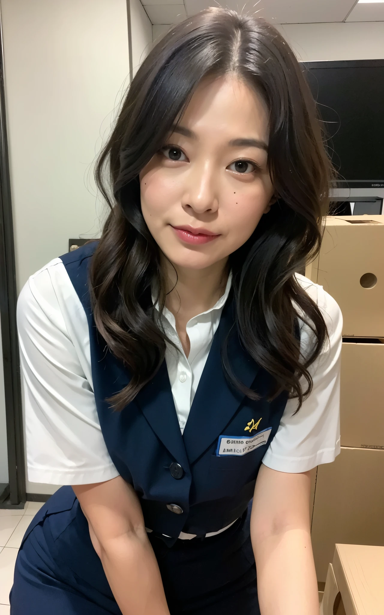 ((Best Quality, 8k, Masterpiece: 1.3)), Photorealistic, Sharp Focus, High Quality, High Definition, Portrait, Solo, Japan, Middle Aged Woman, Beauty, 43 years old, Plump, Wavy Hair, receptionist uniform, Wrinkles at the corners of the eyes:0.5, Narrow backyard, Lots of boxes, Lots of files, Dark background