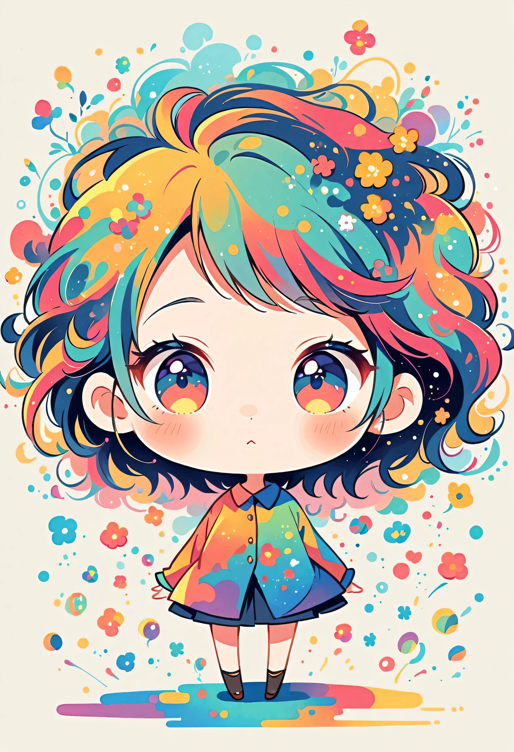 Watase Seizo style, Standing in front of a high wall，Simple Line Initialism，Abstract art，Urban Background, (((The most beautiful girl))), (((chibi))), colorful flowers, galactic universe