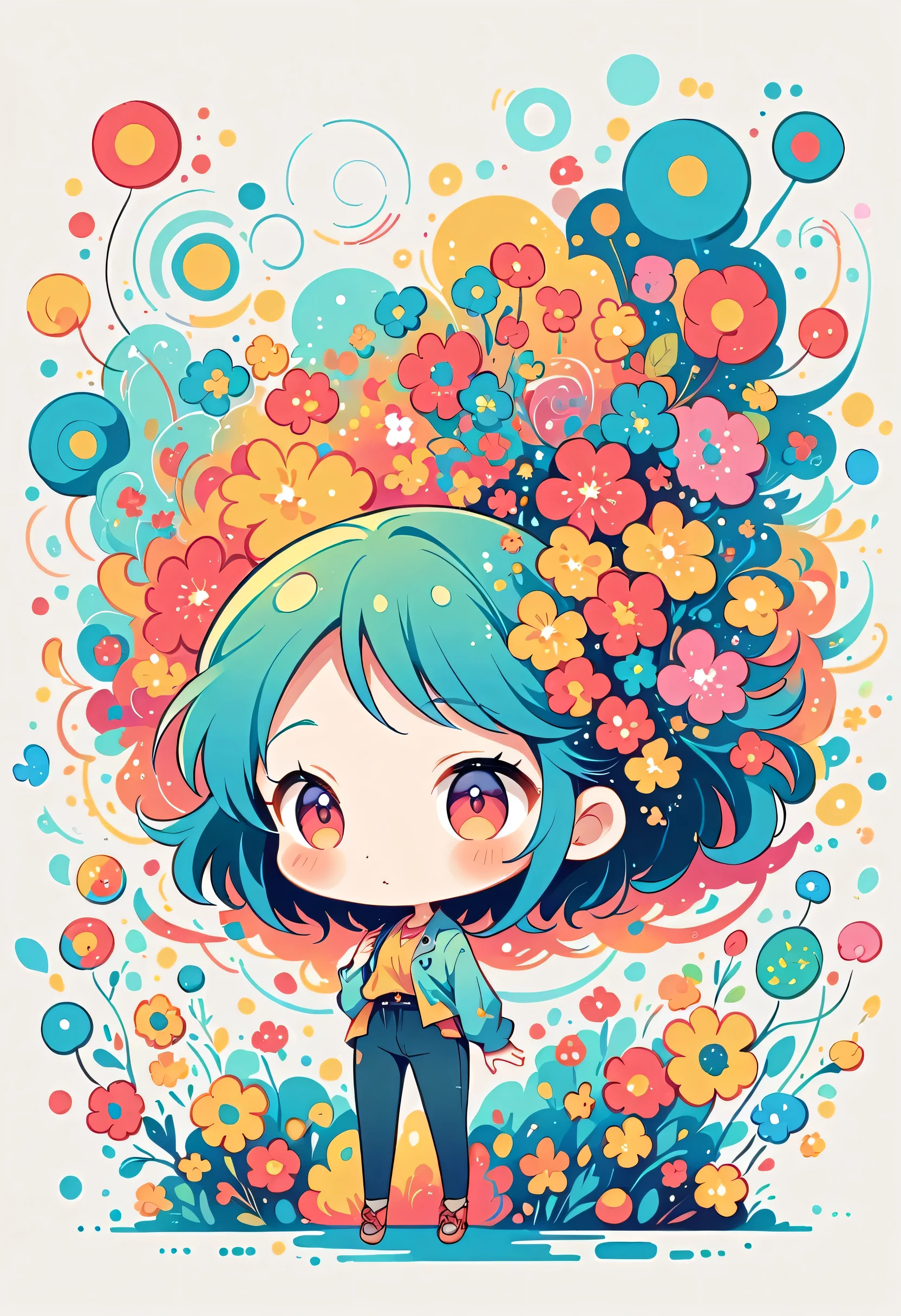 Watase Seizo style, Standing in front of a high wall,Simple Line Initialism,Abstract art,Urban Background, (((The most beautiful girl))), (((chibi))), colorful flowers, galactic universe