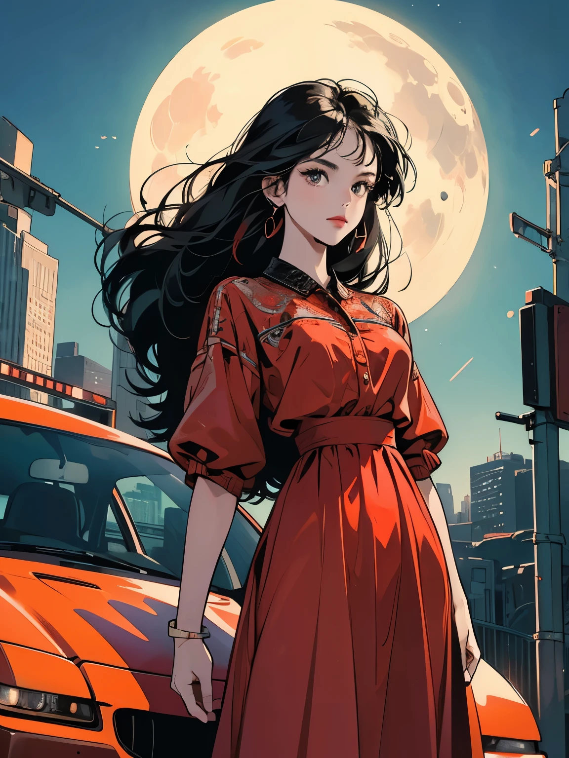 Advanced Background, Best Resolution, Complex Background, (Woman in long red skirt dress), (standing in front of one car), futuristic city, movie poster, , (night), detailed hair, strong eyes, black hair, detailed car, (moon), pale lighting, highlights, 8K, sign, traffic light, crosswalk