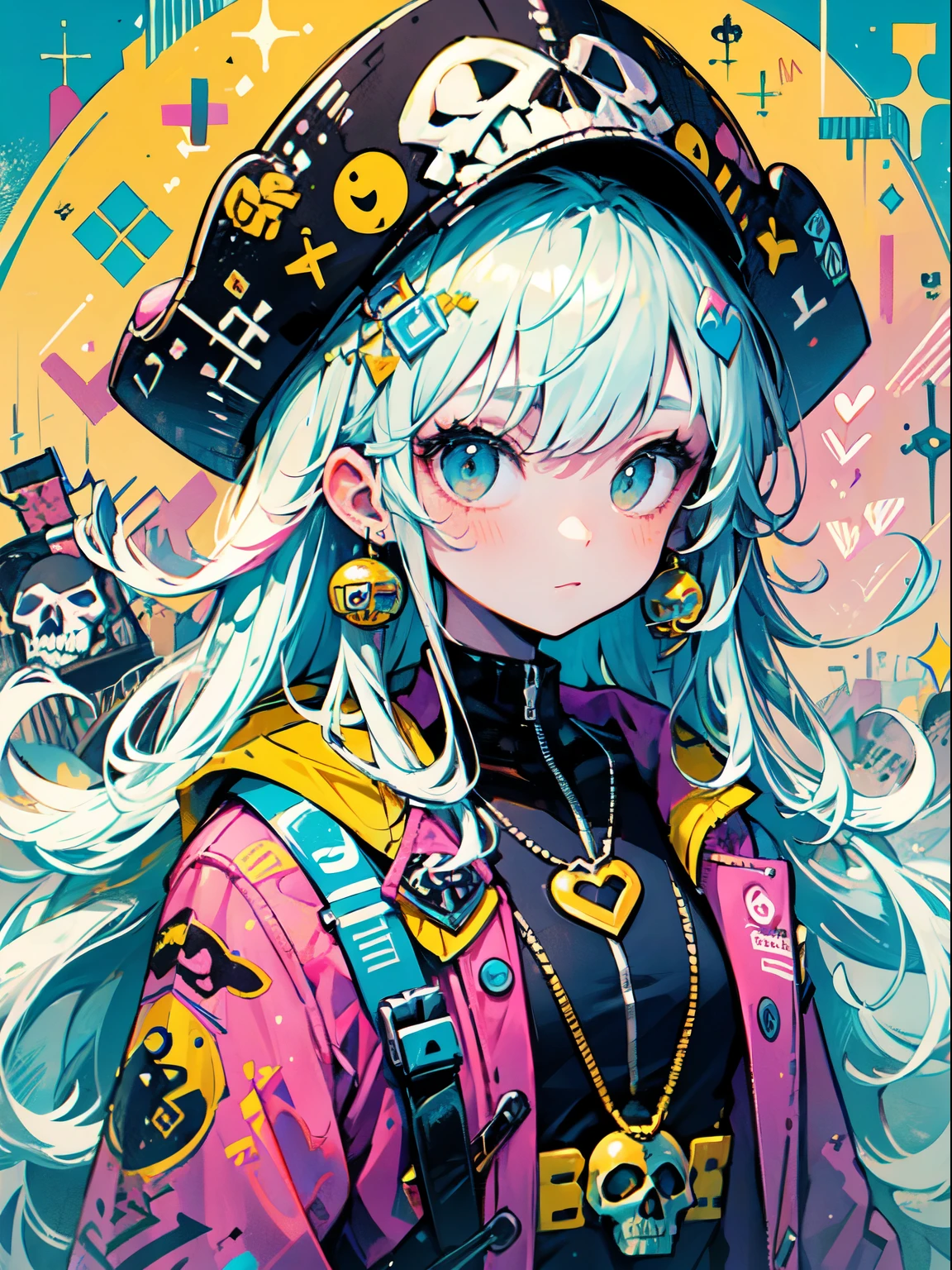 "cute, beautiful, Adorable girl wearing pink clothes, yellow, and baby blue color scheme. She is wearing a costume with a SKULL motif inspired by a female pirate.。.... her costume is fluffy and soft, Comes with decorative accessories such as hair clips. Embodying the vibrant and modern Harajuku fashion style。."