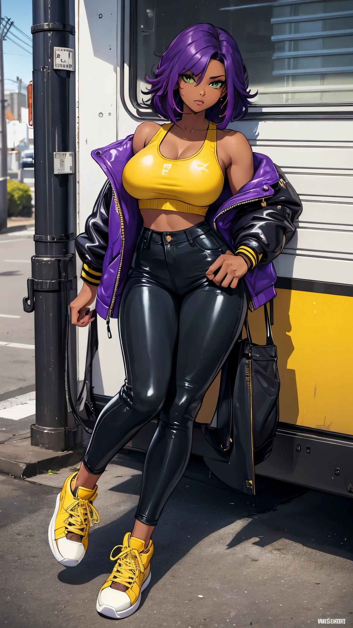 Only a black girl, dark skin. purple hair.  Green eyes.  Slender, athletic and elegant build.  Yellow tank top, black latex pants, a denim jacket.  She completed her outfit with yellow sneakers.amazing stunningly beautiful, most beautiful women ever. Busty