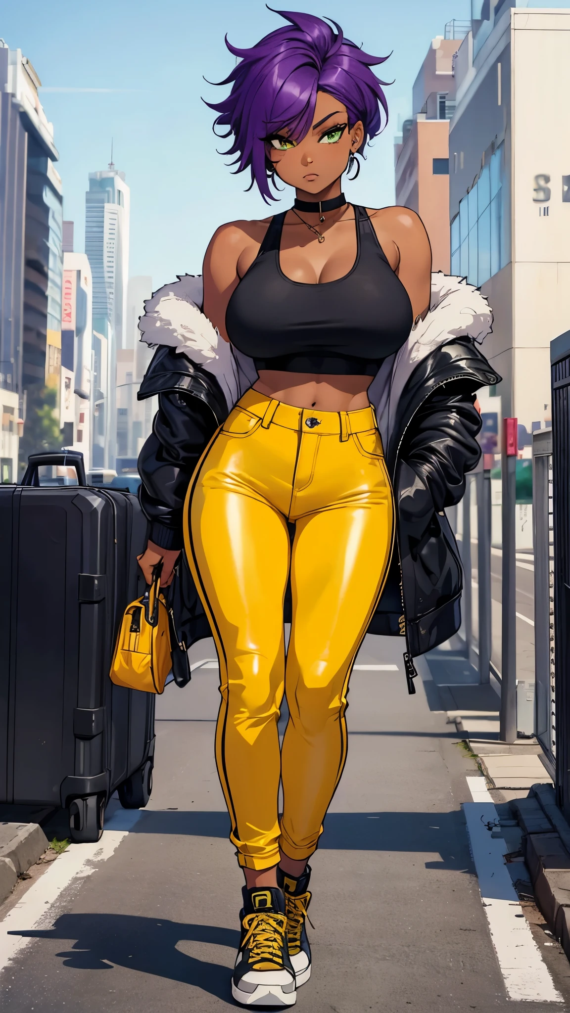 Only a black girl, dark skin. purple hair.  Green eyes.  Slender, athletic and elegant build.  Yellow tank top, black latex pants, a denim jacket.  She completed her outfit with yellow sneakers.amazing stunningly beautiful, most beautiful women ever. Busty