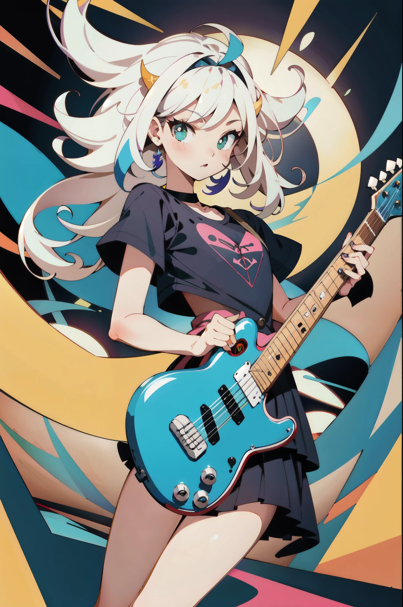 No background,1 idol,Skinny body,Long legs,Iris,(Flat Color:1.5),clear,(Bright colors),Vibrant colors,figure,(pink,green,yellow),
Blake playing electric guitar,(Open your mouth:0.3),((Big speech bubble)),
Pop Style,((T-Shirts),Large Kanji character print),mini skirt,pastel colour,delicate accessories,Guitar Pictures,
A large guitar amp is in the background.,Abstract radial line pattern,
(Dynamic Angle:1.1),Wide Shot,