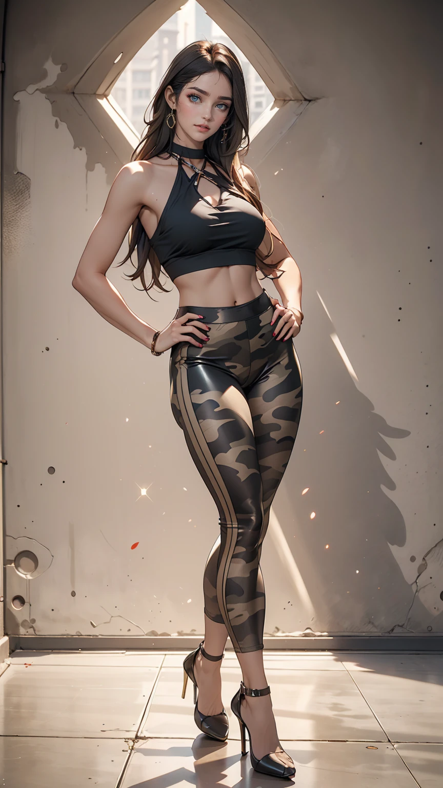 24-year-old female、long hair、Straight Hair、Shiny hair、Sexy proportions、Wear a cross halter top、Wear low rise leggings、Wear stiletto heels、smile、Place your hands on your hips、Camouflage concrete wall background、Plenty of sunshine、Cowboy Shot