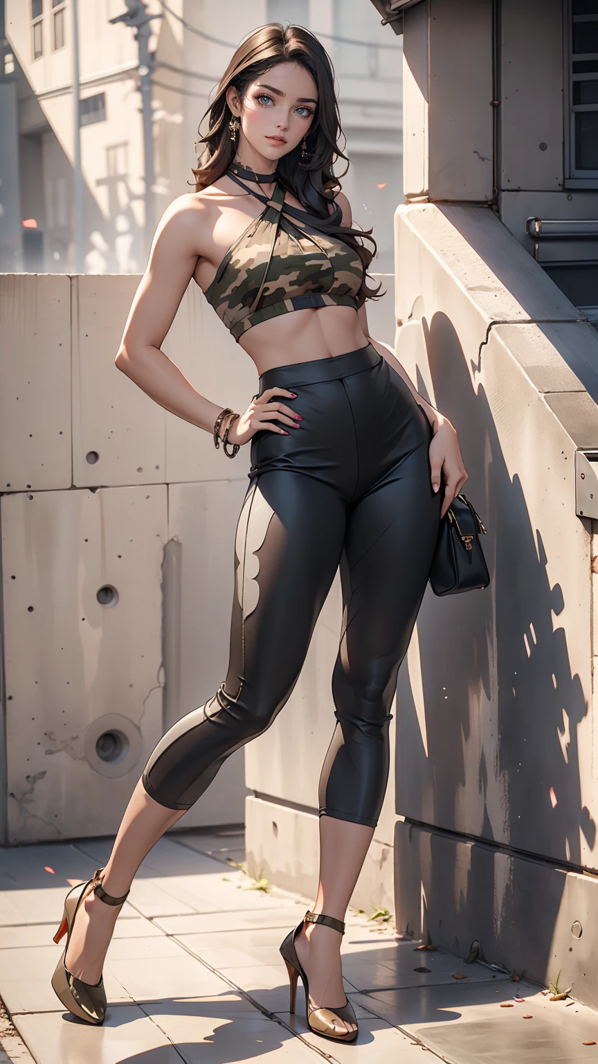 24-year-old female、long hair、Straight Hair、Shiny hair、Sexy proportions、Wear a cross halter top、Wear low rise leggings、Wear stiletto heels、smile、Place your hands on your hips、Camouflage concrete wall background、Plenty of sunshine、Cowboy Shot