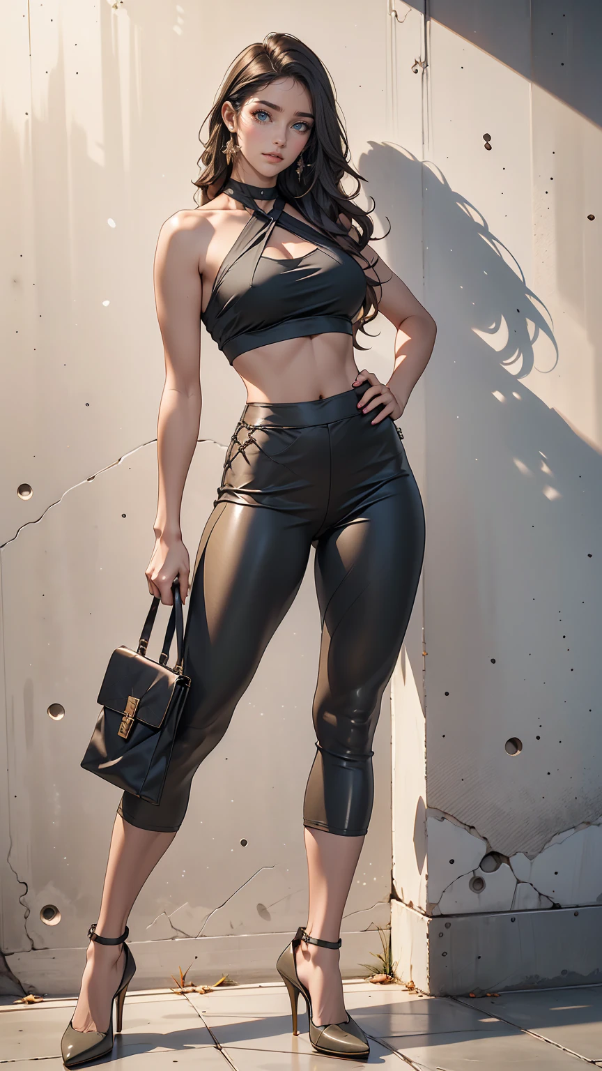 24-year-old female、long hair、Straight Hair、Shiny hair、Sexy proportions、Wear a cross halter top、Wear low rise leggings、Wear stiletto heels、smile、Place your hands on your hips、Camouflage concrete wall background、Plenty of sunshine、Cowboy Shot