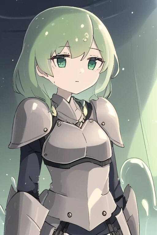 anime, waifu, exceptional, best aesthetic, new, newest, best quality, masterpiece, solo, BREAK slime girl, 1girl, serious, (armor:1.2), green skin, slime hair, solo, rating_safe