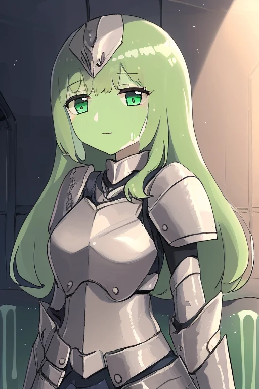 anime, waifu, exceptional, best aesthetic, new, newest, best quality, masterpiece, solo, BREAK slime girl, 1girl, serious, (armor:1.2), green skin, slime hair, solo, rating_safe