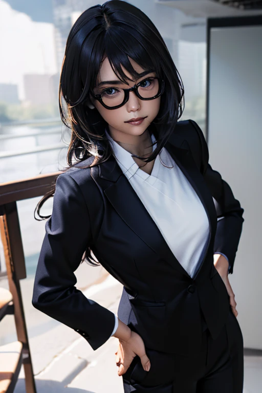(masterpiece, highest quality, detailed), One girl, alone, View Viewer, will be attacked, Long Hair, Black Hair, chest, 
pant suit, suit, formal, black suit, Black trousers, tie, White shirt, sunglasses, underground, (dark:1.5), 薄darkです, ojou-sama pose, Hands on hips, Mischievous face, Conceit, head to waste,