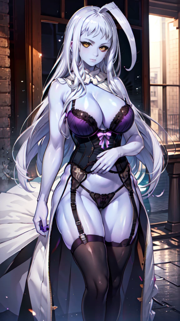 LalaMM, black sclera, colored skin, huge ahoge, 8K, 4K, Best Quality, High resolution: 1.2), (Mast eristic, Realistic, Photoreal: 1.4), One Woman, Beautiful face, Shining Eyes, Beholder, (purple skin:1.5), fine complexion, Big, Big, young, big butts, Colossal, H-cup, obscene lingerie, obscene thong, garter belt, stockings, bra, underwear, Lingerie, underwear, harness