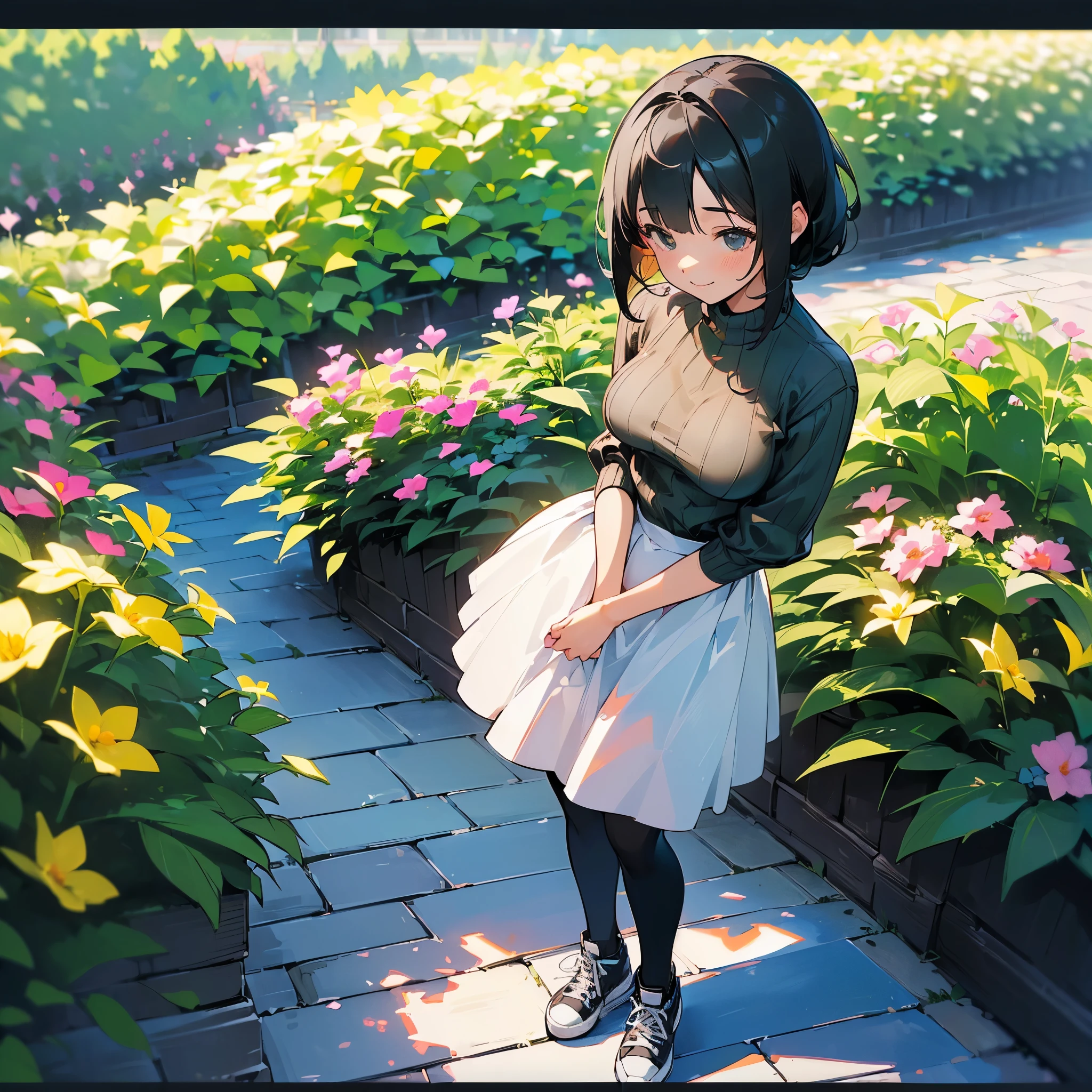 (high quality, High resolution, Very detailed, reality:1.37), Peaceful atmosphere, (Outdoor, garden), Teenage girl standing alone, (my breasts are big.), Beautiful details, Cute Smile, (Black bob hair), Ribbed sweater, Denim shorts, Black tights, sneakers.