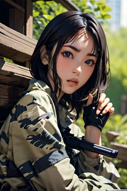 survival game、Camouflage、survival gameのフィールド、A beautiful girl is holding a rifle、head to waste、