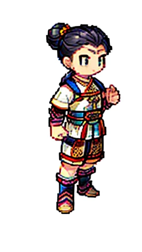 Man in ancient Chinese armor、Clever man、Looking into the camera、His hair is in a bun、Only one topknot、Black Hair、Stand and pose、Pixel art、(masterpiece, highest quality, highest quality), pixel,pixel art,whole body,Characters in Romance of the Three Kingdoms、Transform、Short Deformation、White cloth wrapped around head